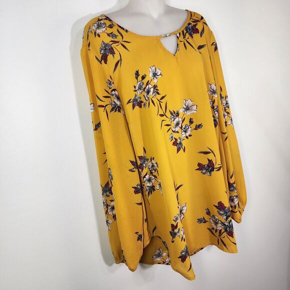 Torrid Womens Top Size 3X Yellow Floral Georgette Keyhole Blouse Long Sleeve - Picture 4 of 9